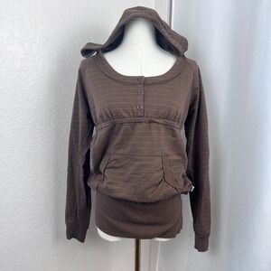 Vintage Y2K Babydoll Henley Top Womens Medium Brown Striped Hooded Fairy Grunge